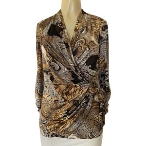 Cache Top Blouse Paisley Brown Gold Beige Surplice V Neck 3/4 Ruched Sle…